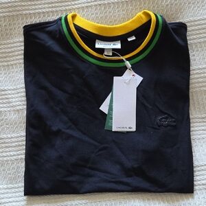 Lacoste Dark Navy Short Sleeve Tee with Yellow and Green Ribbed Collar